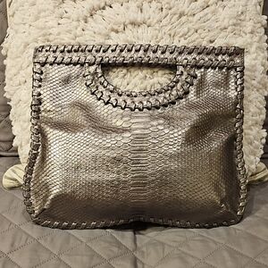 Big Buddha Snake Embosed Silver Metallic Clutch with Chain Detail